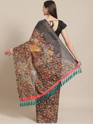 Black & Orange Digital Print Maheshwari Saree 2
