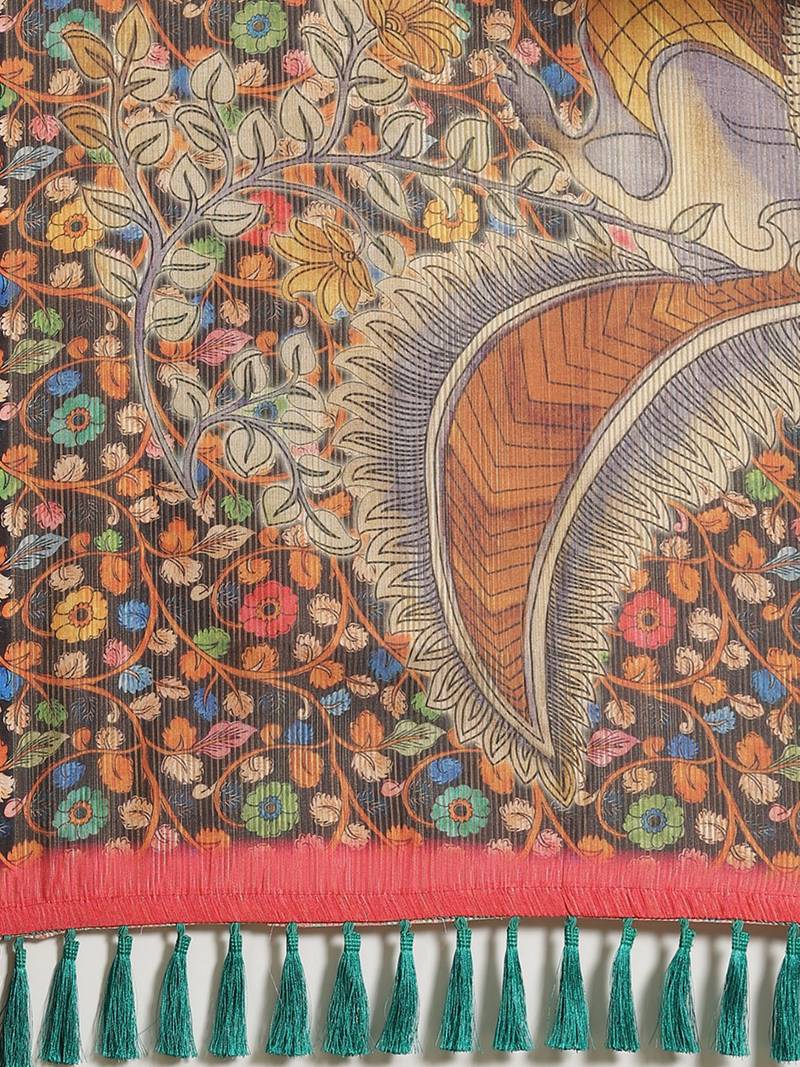 Black & Orange Digital Print Maheshwari Saree