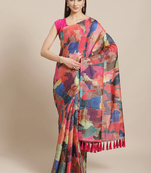 Red & Blue Digital Print Maheshwari Saree