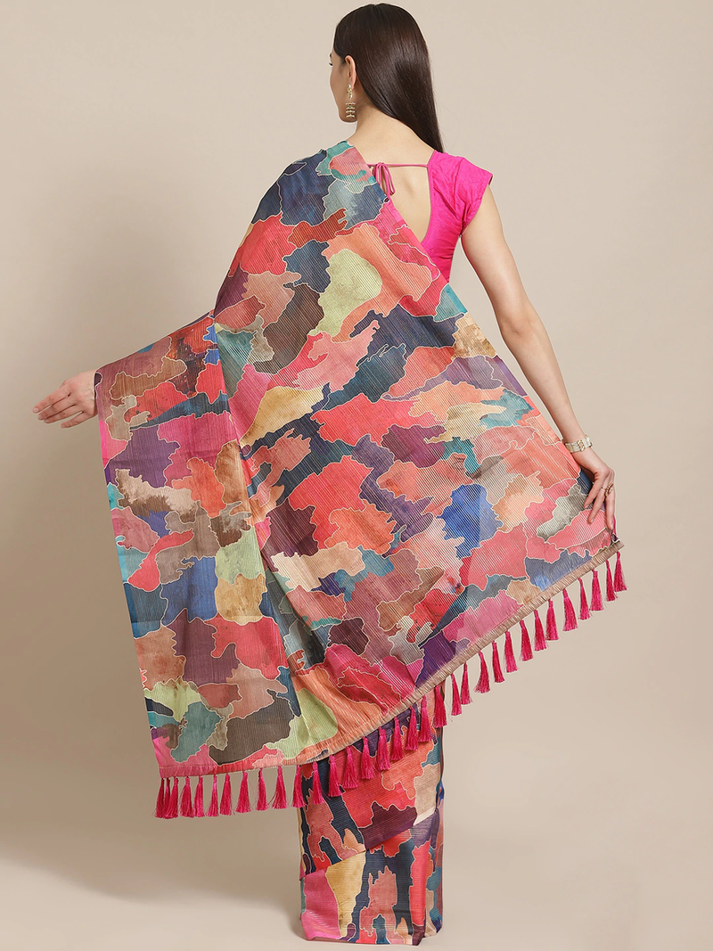Red & Blue Digital Print Maheshwari Saree