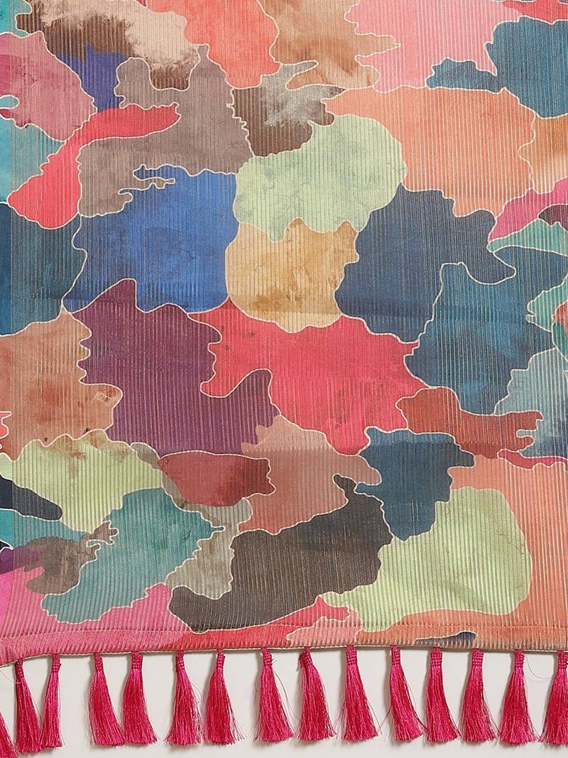 Red & Blue Digital Print Maheshwari Saree