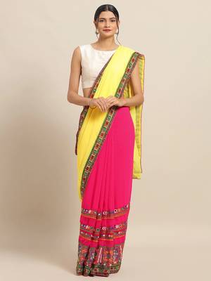 Pink Pure Georgette Embroidered Bandhani Saree 1