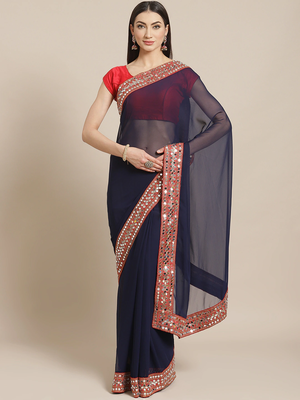 Navy Blue Mirror Work Solid Saree 1