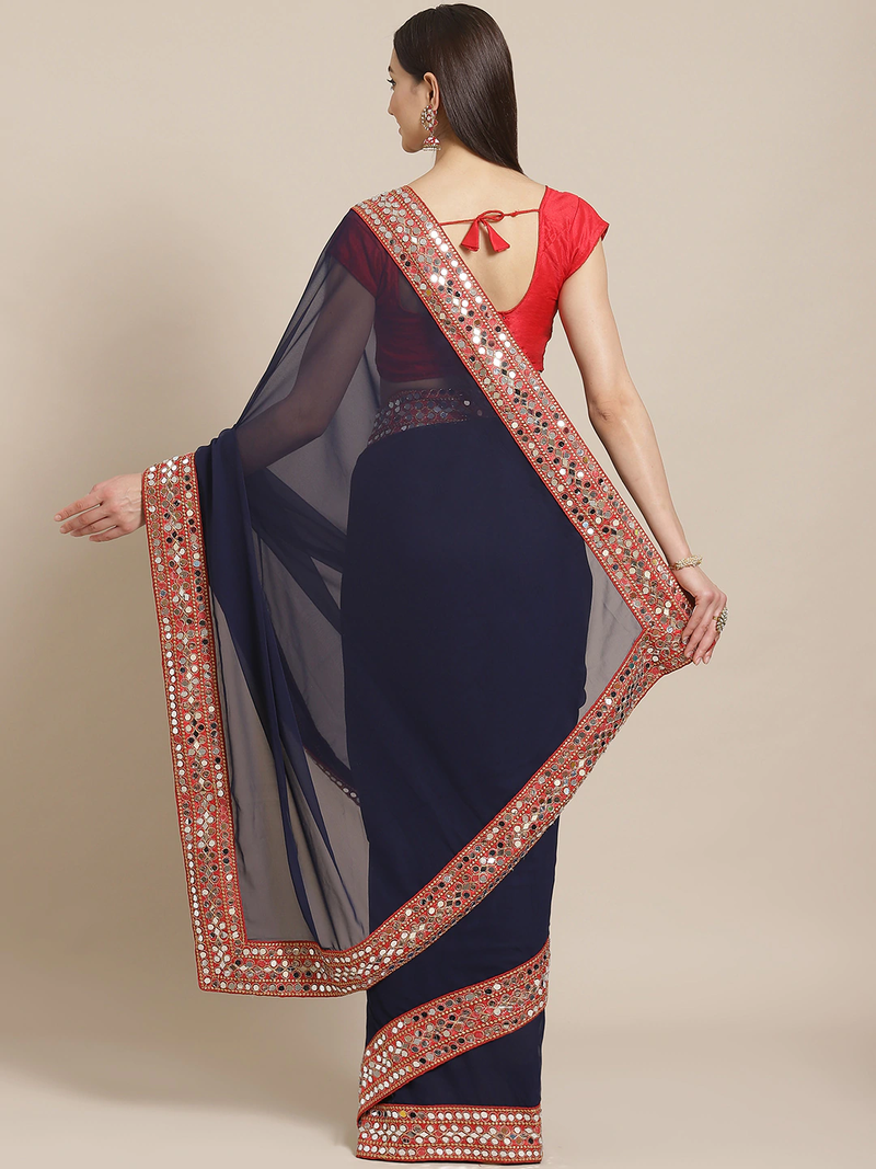 Navy Blue Mirror Work Solid Saree