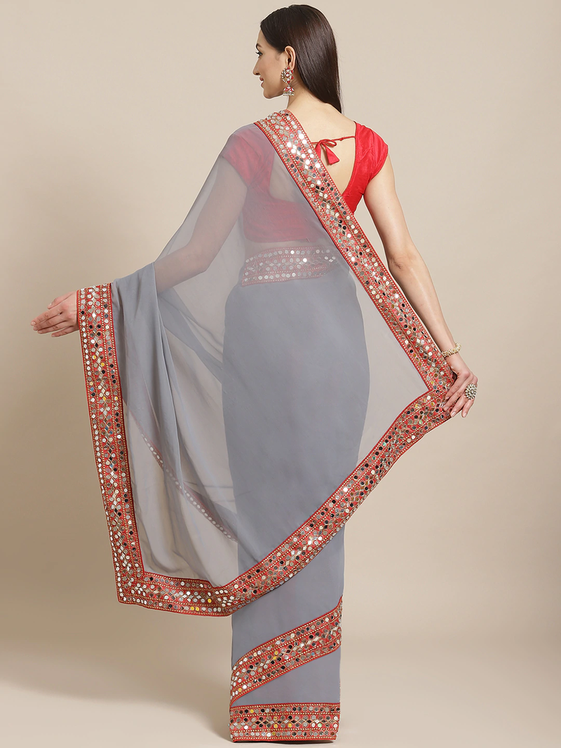 Grey Solid Mirror Work Saree