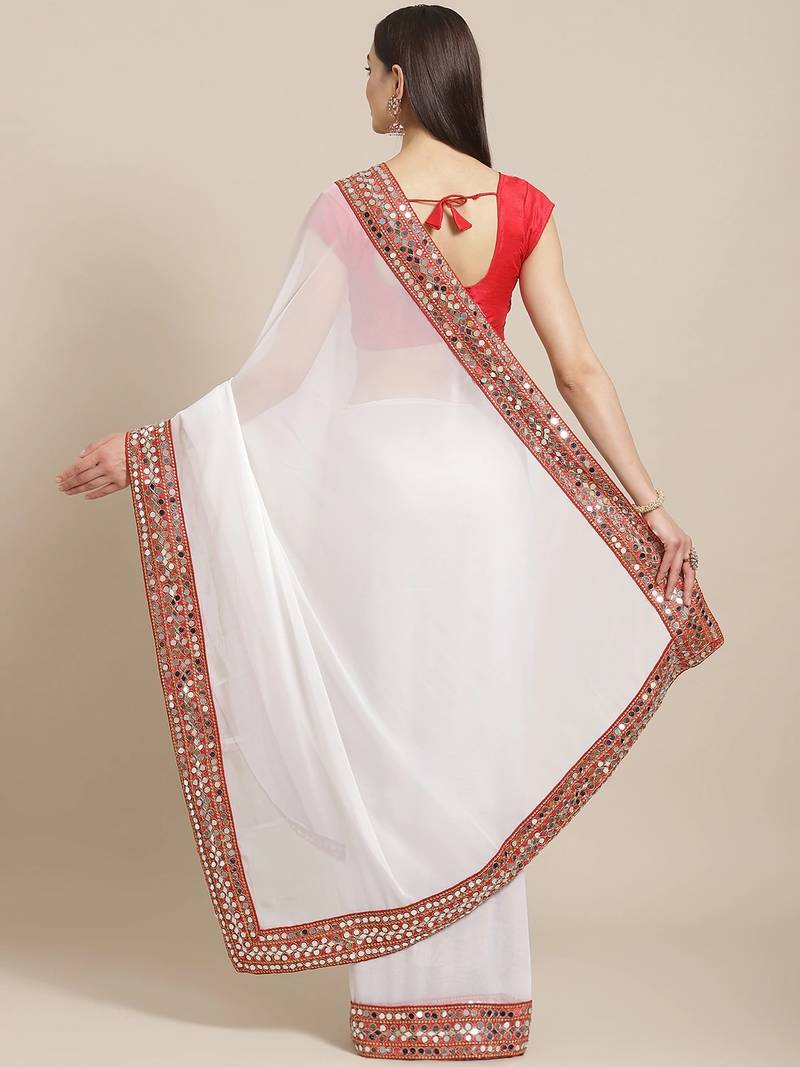 White Solid Mirror Work Saree