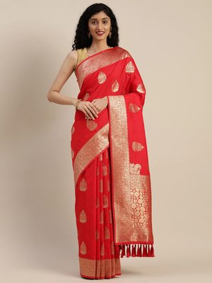 Red Silk Blend Woven Design Banarasi Saree 1
