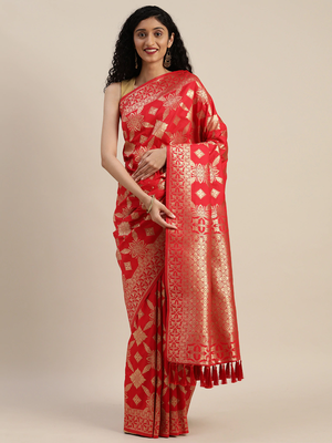 Red & Gold-Toned Silk Blend Woven Design Banarasi Saree 1