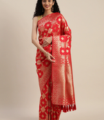 Red & Gold-Toned Silk Blend Woven Design Banarasi Saree