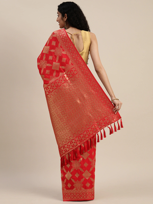 Red & Gold-Toned Silk Blend Woven Design Banarasi Saree 2