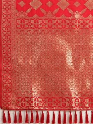Red & Gold-Toned Silk Blend Woven Design Banarasi Saree 4