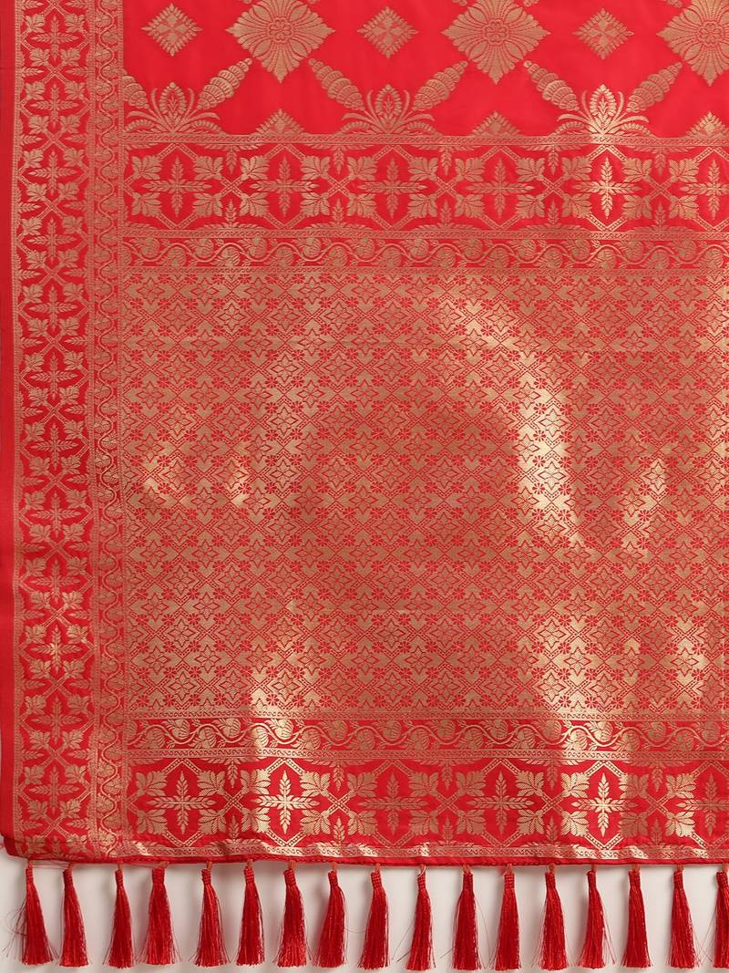 Red & Gold-Toned Silk Blend Woven Design Banarasi Saree