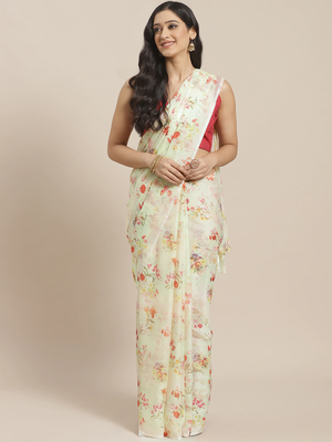 Off-White & Red Pure Silk Printed Celebrity Saree 1