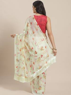 Off-White & Red Pure Silk Printed Celebrity Saree 2