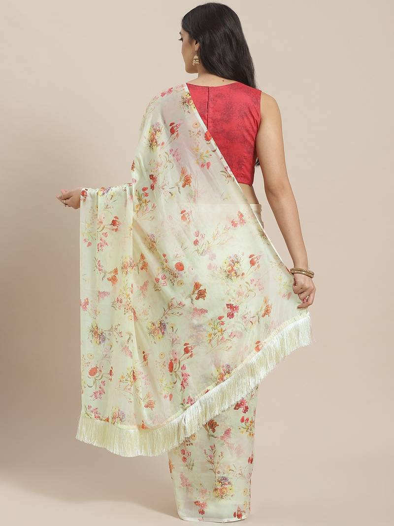 Off-White & Red Pure Silk Printed Celebrity Saree