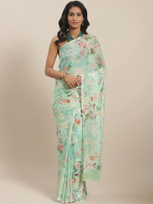Green & Peach-Coloured Pure Silk Floral Print Celebrity Saree 1