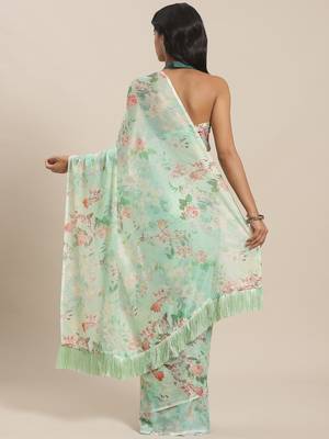Green & Peach-Coloured Pure Silk Floral Print Celebrity Saree 2