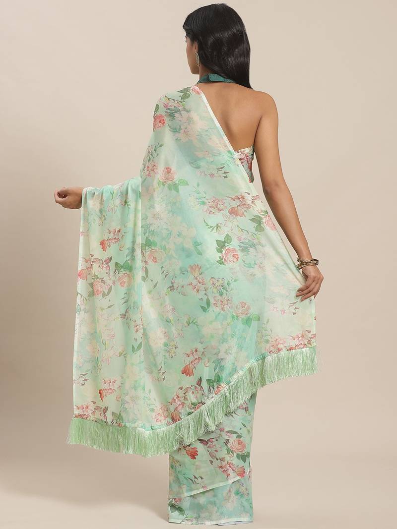 Green & Peach-Coloured Pure Silk Floral Print Celebrity Saree