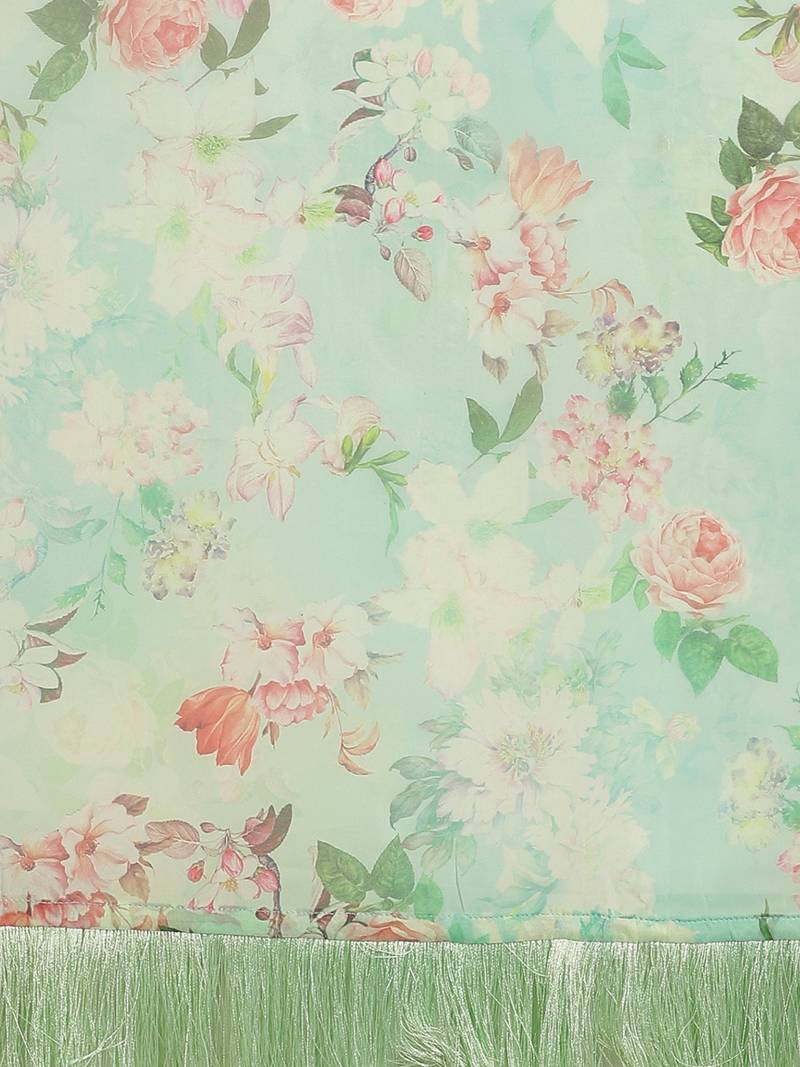 Green & Peach-Coloured Pure Silk Floral Print Celebrity Saree