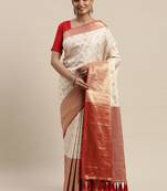 Off-White & Golden Silk Blend Woven Design Banarasi Saree
