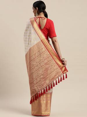 Off-White & Golden Silk Blend Woven Design Banarasi Saree 2