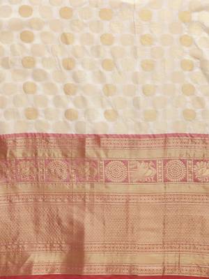 Off-White & Golden Silk Blend Woven Design Banarasi Saree 3