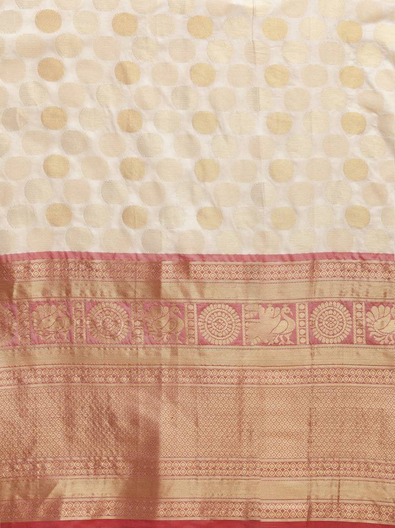 Off-White & Golden Silk Blend Woven Design Banarasi Saree