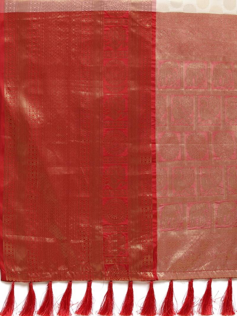 Off-White & Golden Silk Blend Woven Design Banarasi Saree