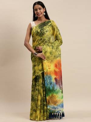 Yellow & Blue Linen Blend Blend Printed Saree 1