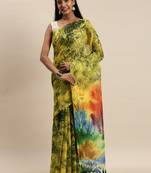 Yellow & Blue Linen Blend Blend Printed Saree