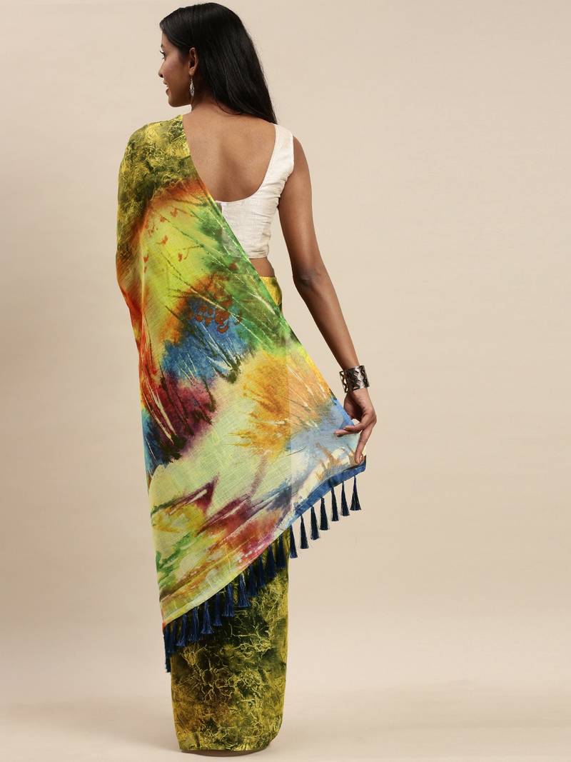 Yellow & Blue Linen Blend Blend Printed Saree