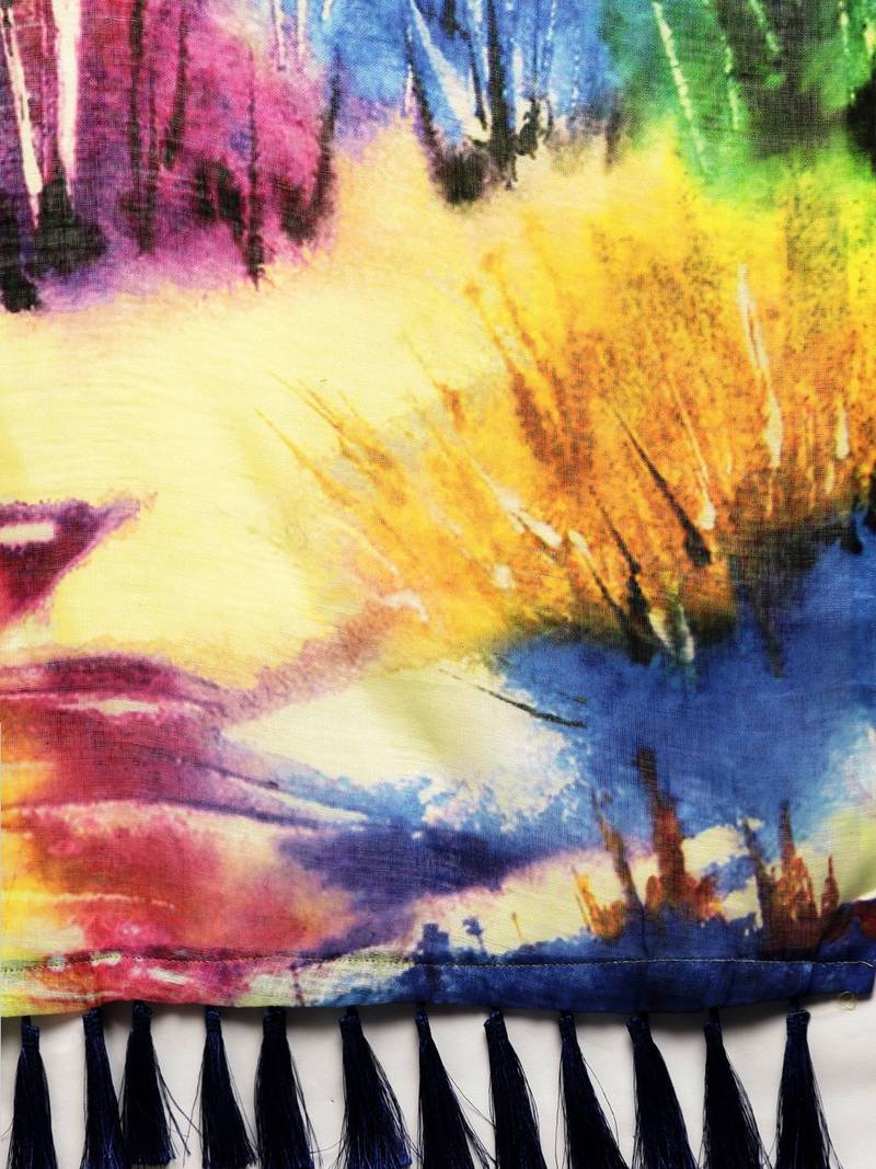 Yellow & Blue Linen Blend Blend Printed Saree