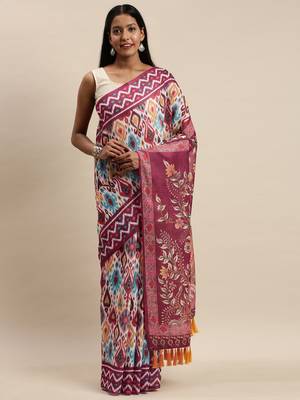 White & Magenta Linen Blend Blend Printed Ikat Saree 1