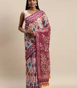 White & Magenta Linen Blend Blend Printed Ikat Saree