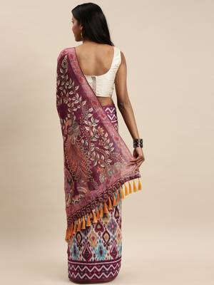 White & Magenta Linen Blend Blend Printed Ikat Saree 2
