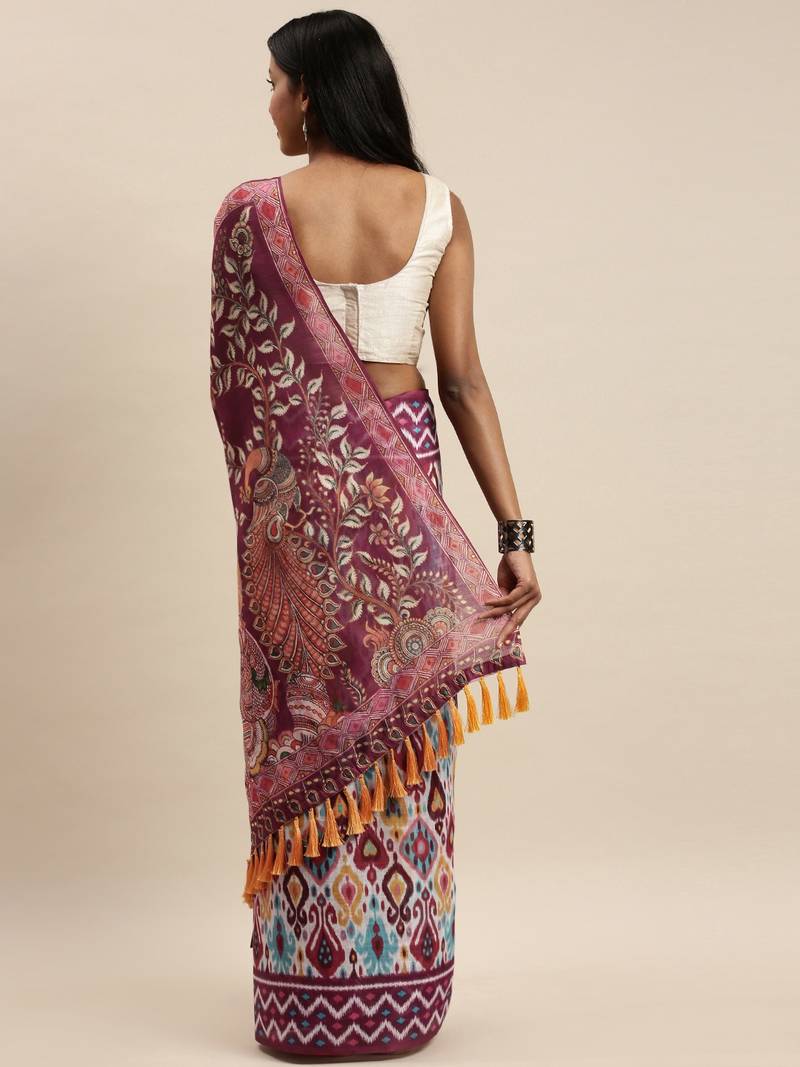 White & Magenta Linen Blend Blend Printed Ikat Saree