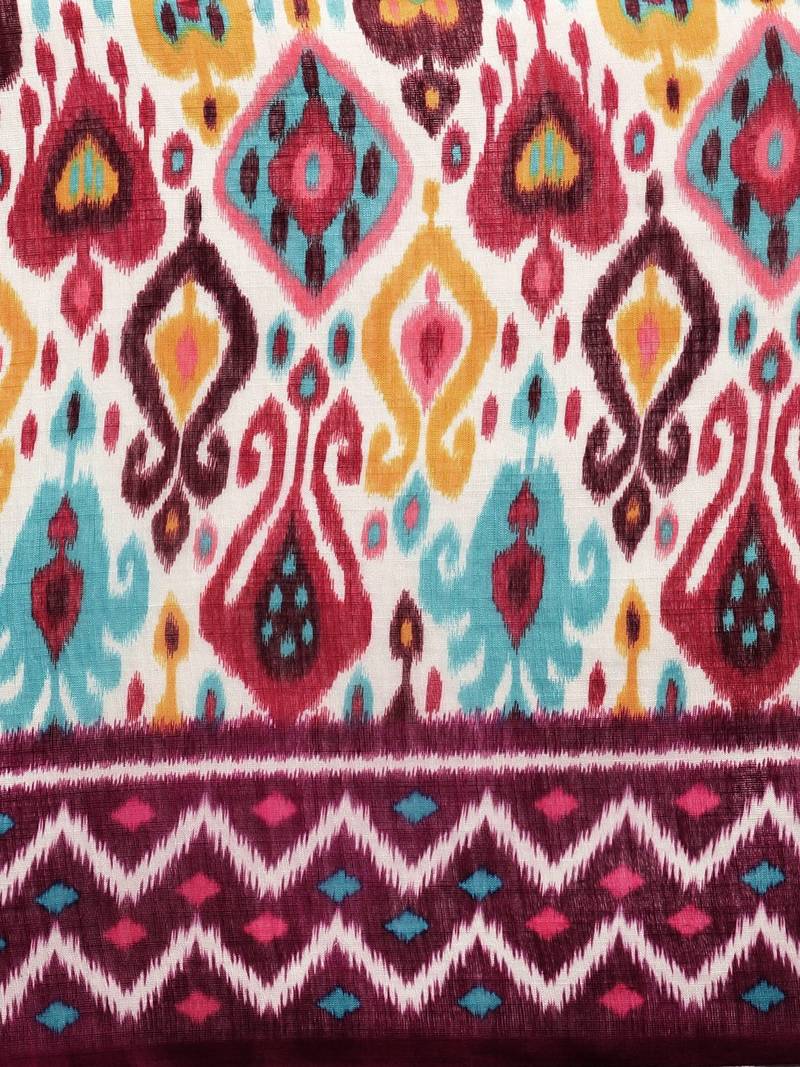 White & Magenta Linen Blend Blend Printed Ikat Saree