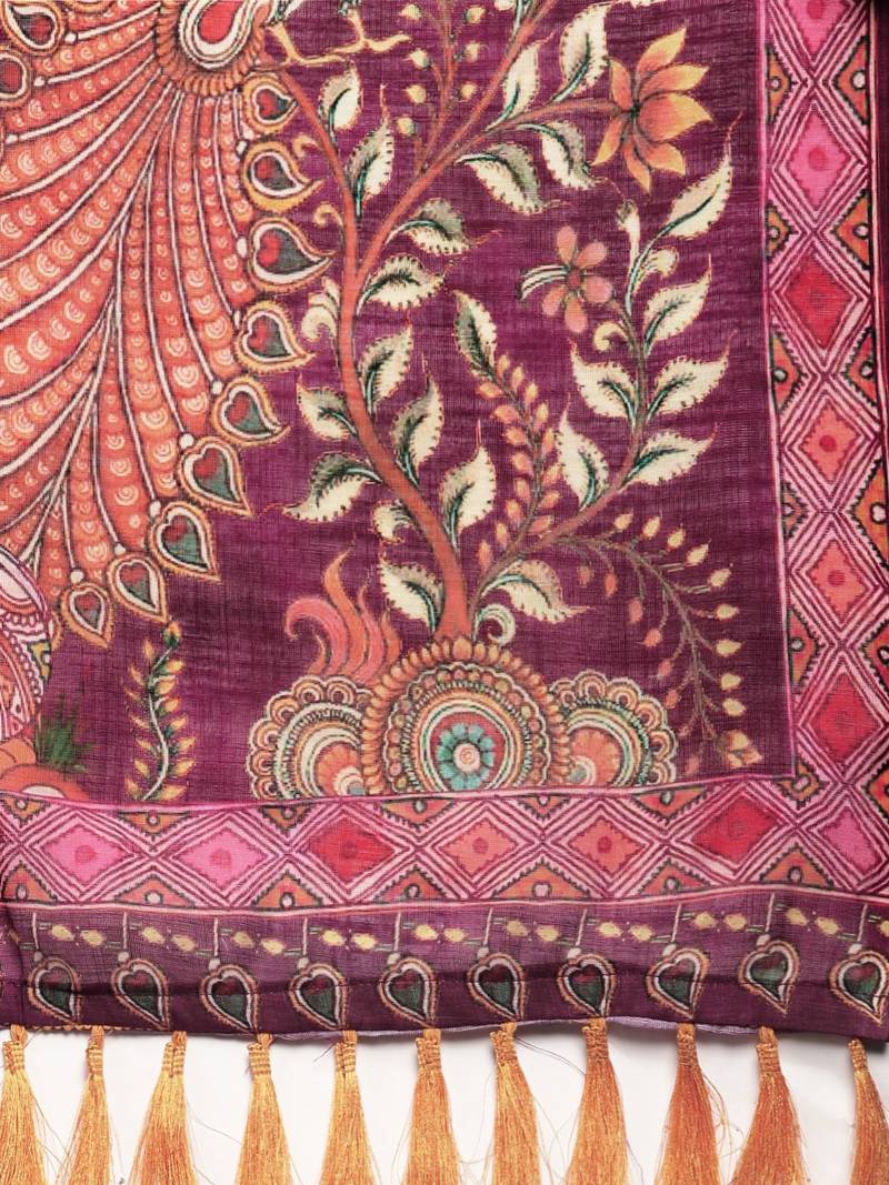 White & Magenta Linen Blend Blend Printed Ikat Saree