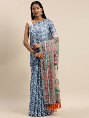Blue & White Linen Blend Blend Printed Bagru Saree 1