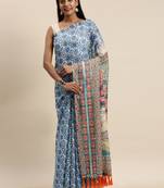 Blue & White Linen Blend Blend Printed Bagru Saree