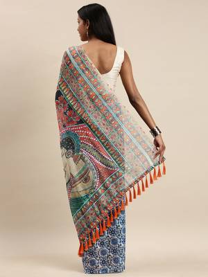 Blue & White Linen Blend Blend Printed Bagru Saree 2