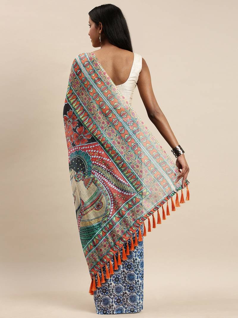 Blue & White Linen Blend Blend Printed Bagru Saree