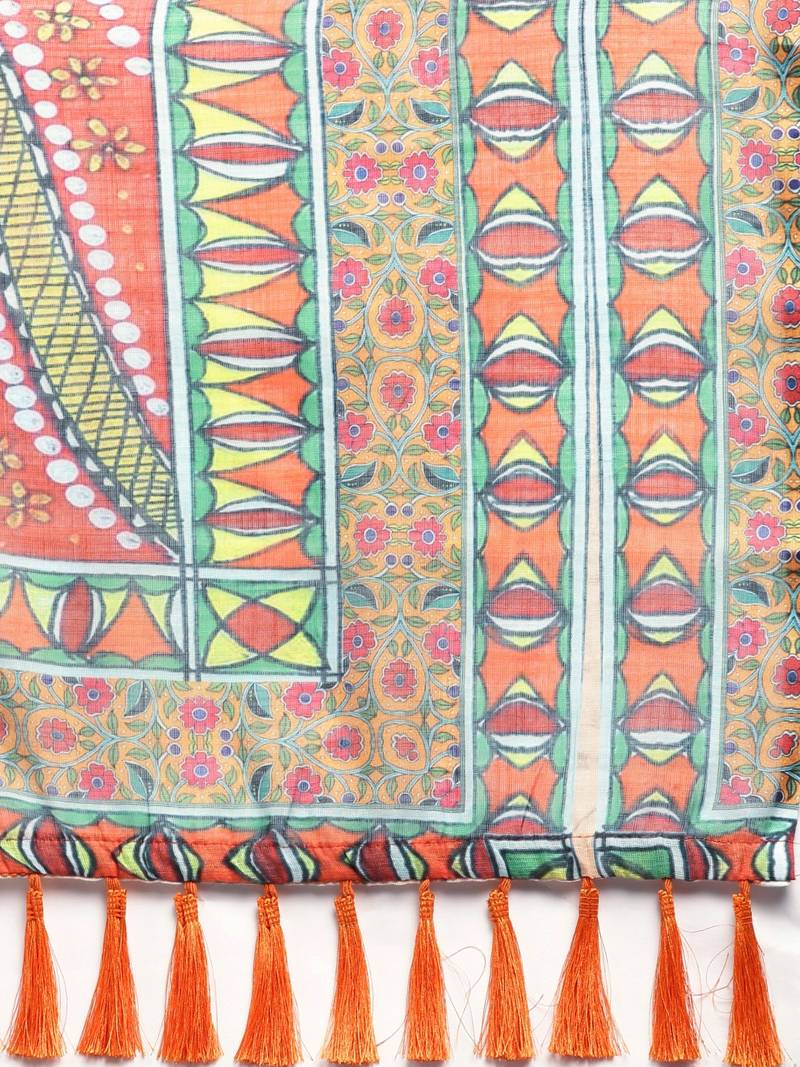 Blue & White Linen Blend Blend Printed Bagru Saree