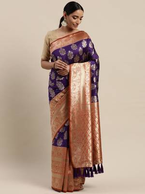 Purple & Golden Silk Blend Woven Design Kanjeevaram Saree 1