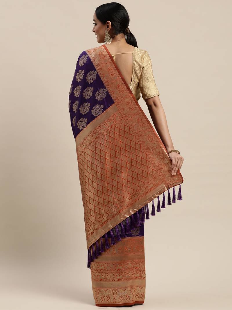 Purple & Golden Silk Blend Woven Design Kanjeevaram Saree