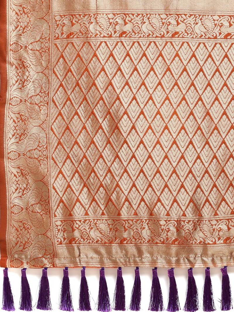 Purple & Golden Silk Blend Woven Design Kanjeevaram Saree