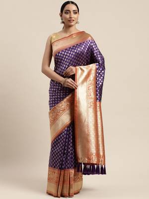 Purple & Gold-Toned Silk Blend Woven Design Banarasi Saree 1