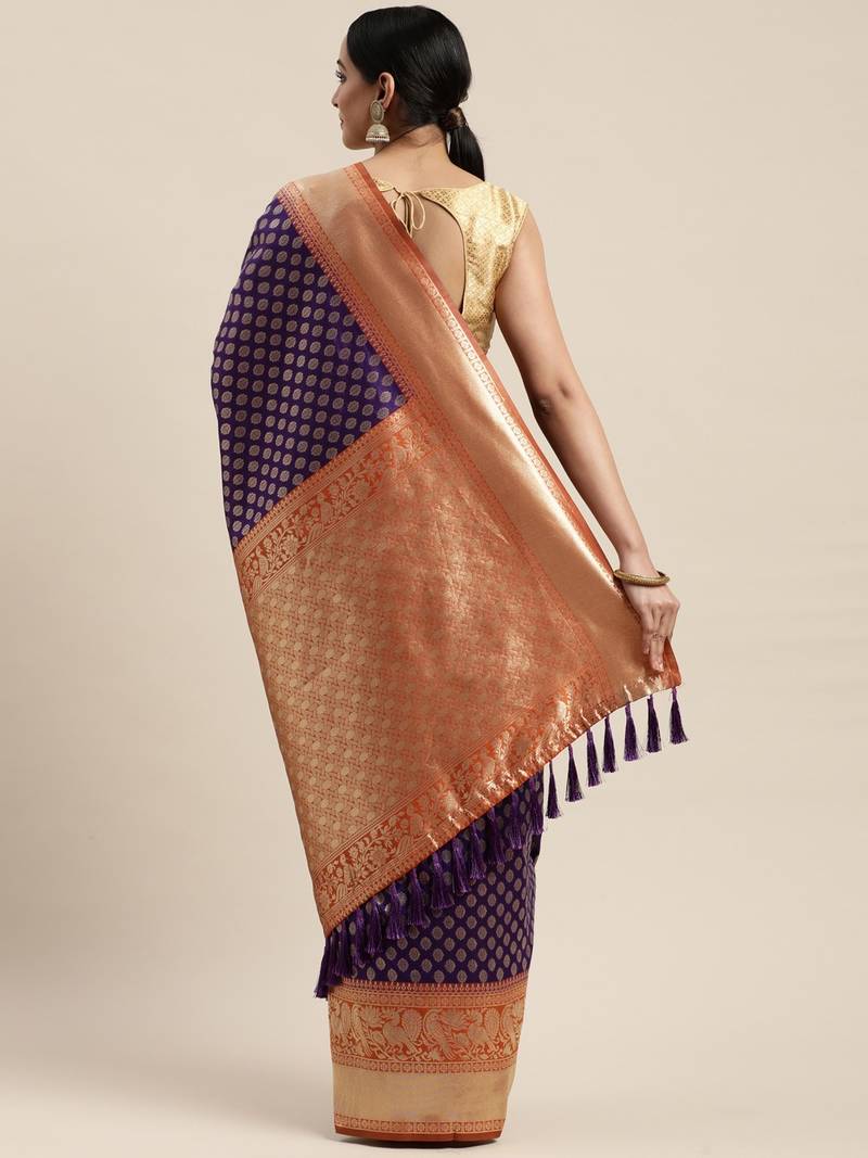 Purple & Gold-Toned Silk Blend Woven Design Banarasi Saree