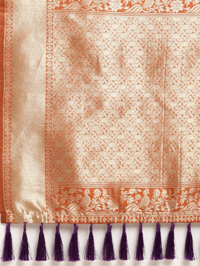 Purple & Gold-Toned Silk Blend Woven Design Banarasi Saree
