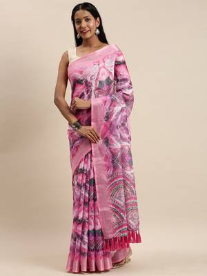 Pink & Blue Linen Blend Blend Printed Saree 1